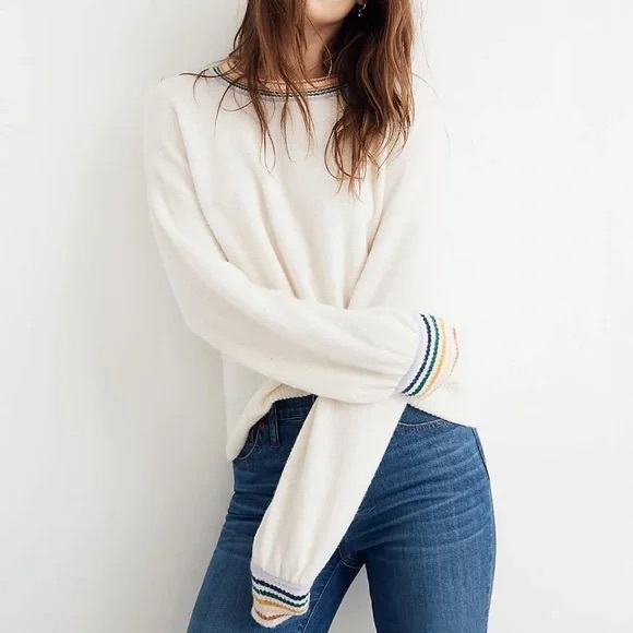 Madewell Rainbow Trim Gladwell Balloon-Sleeve Pullover Sweater - Picture 1 of 7